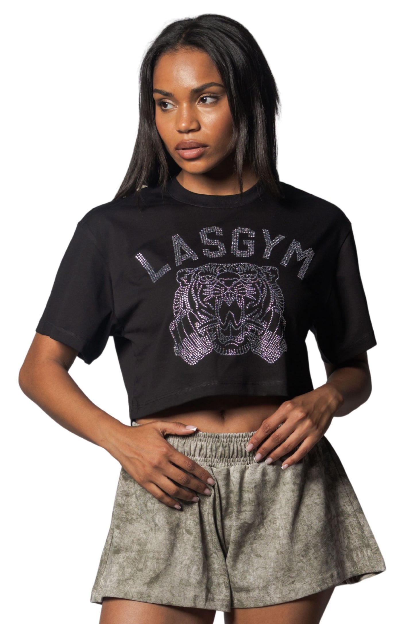 T-shirt Crop Tiger Crystal Nera